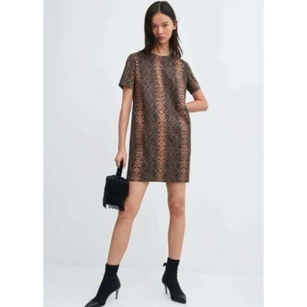 Zara Trafaluc Brown Snake Print Short Tee Shirt Shift Dress